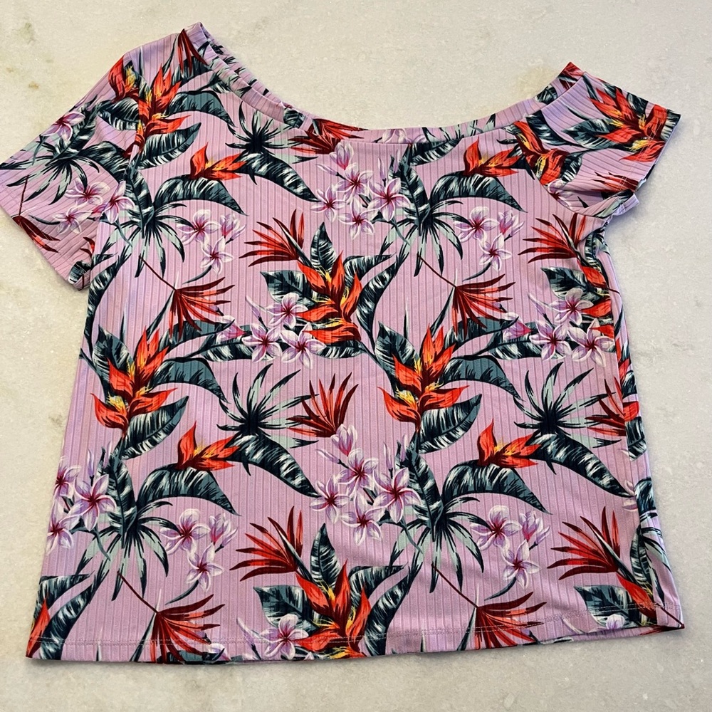 Tropical Floral Lounge Set Pink Ribbed Top & Wide Leg Pants Size L